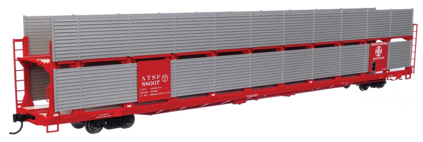 Walthers HO scale model auto rack - Walthers 89' Bi-level enclosed autorack Santa Fe (ATSF) #88036