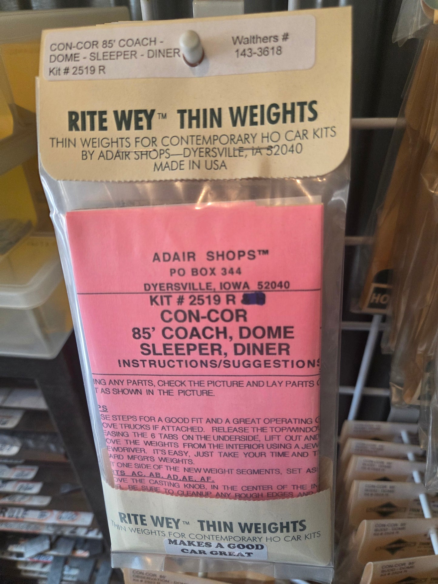 Weight Kit HO for Con-Cor 85' Coach - Dome - Sleeper -Diner