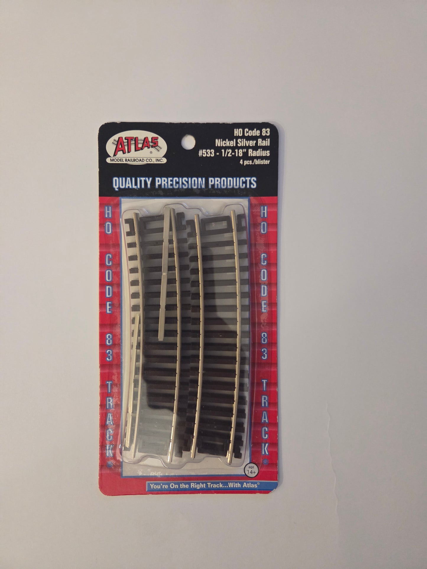 Atlas HO Scale Track Code 83, Nickel Silver Rail 1/2 Section 18" Radius (4 pack)