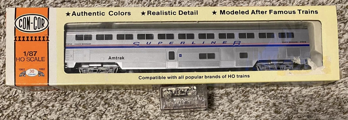 HO scale model locomotive - Con-Cor Amtrak Superliner Coach Baggage and PFM Superliner Trucks HO Scale
