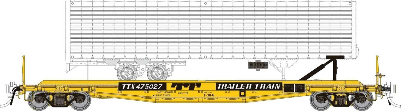Rapido HO scale model flat car - Rapido F30G TOFC Flatcar TTX with PIE 40' trailer HO Scale