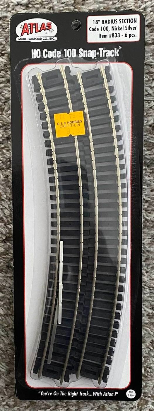 Atlas HO scale model railroad track - Atlas Track Code 100 Nickel Silver Rail 18" radius curved track 6-pack HO SCALE