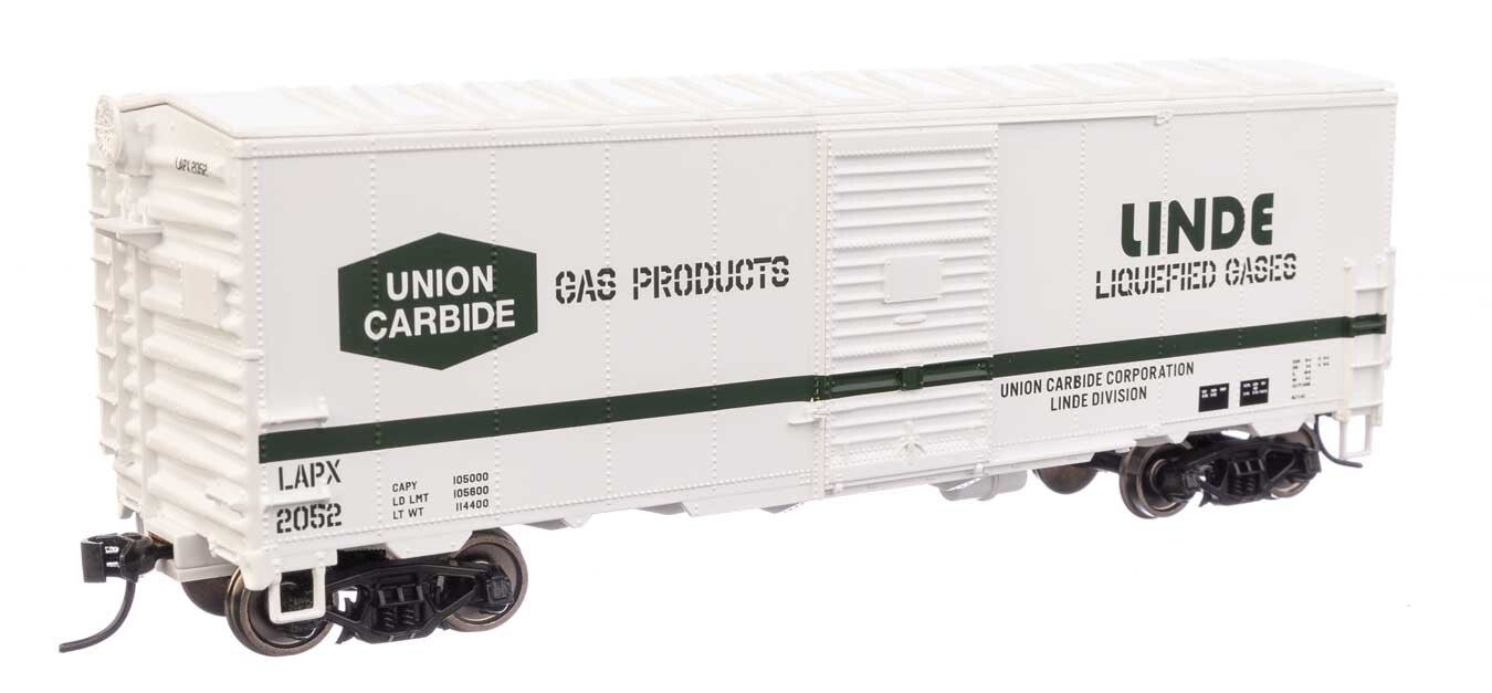 Walthers HO scale model boxcar - Walthers 40' AAR modernized boxcar Union Carbide/Linde Gas LAPX #2050