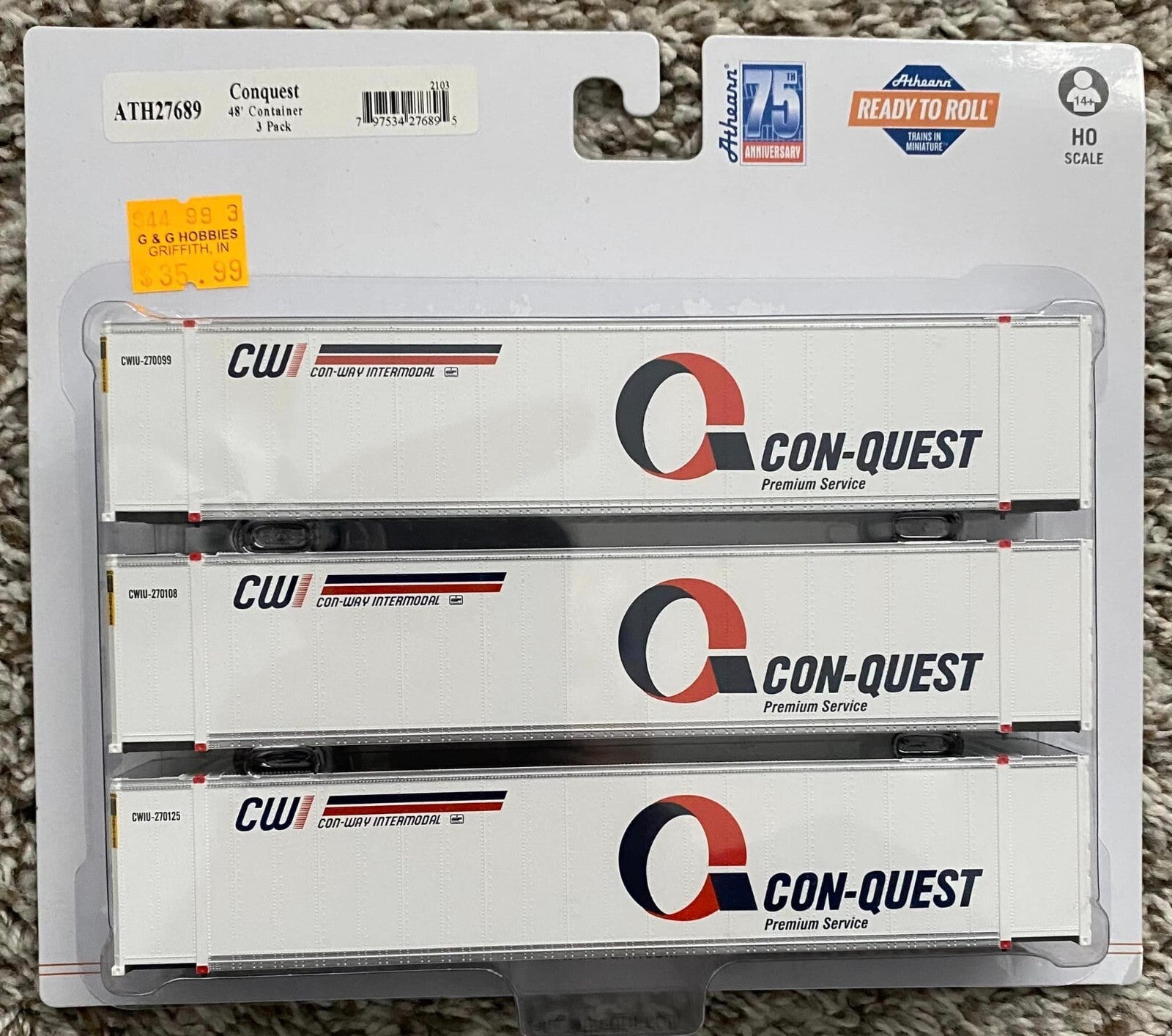 Athearn HO scale model intermodal car - Athearn 48' container Con-Quest 3-pack