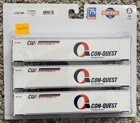 Athearn HO scale model intermodal car - Athearn 48' container Con-Quest 3-pack