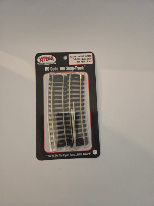 HO scale model railroad track - Atlas HO 834 Track Code 100 Nickel Silver Rail 1/2-18" radius curved track 4-pcs.