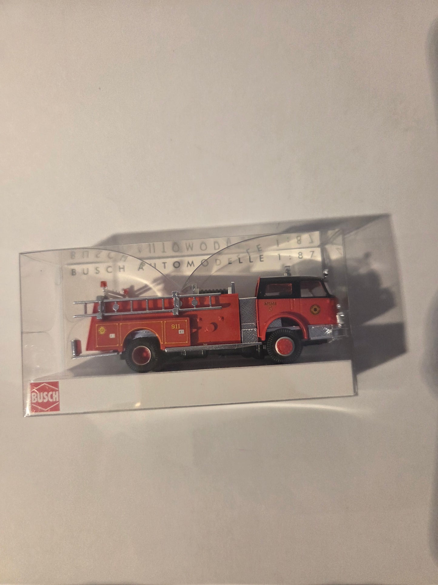 HO scale model railroad Vehicle - Busch HO 46018 Vehicle 1968 American LaFrance Closed-Cab Pumper - Assembled Fire Department (red, black)