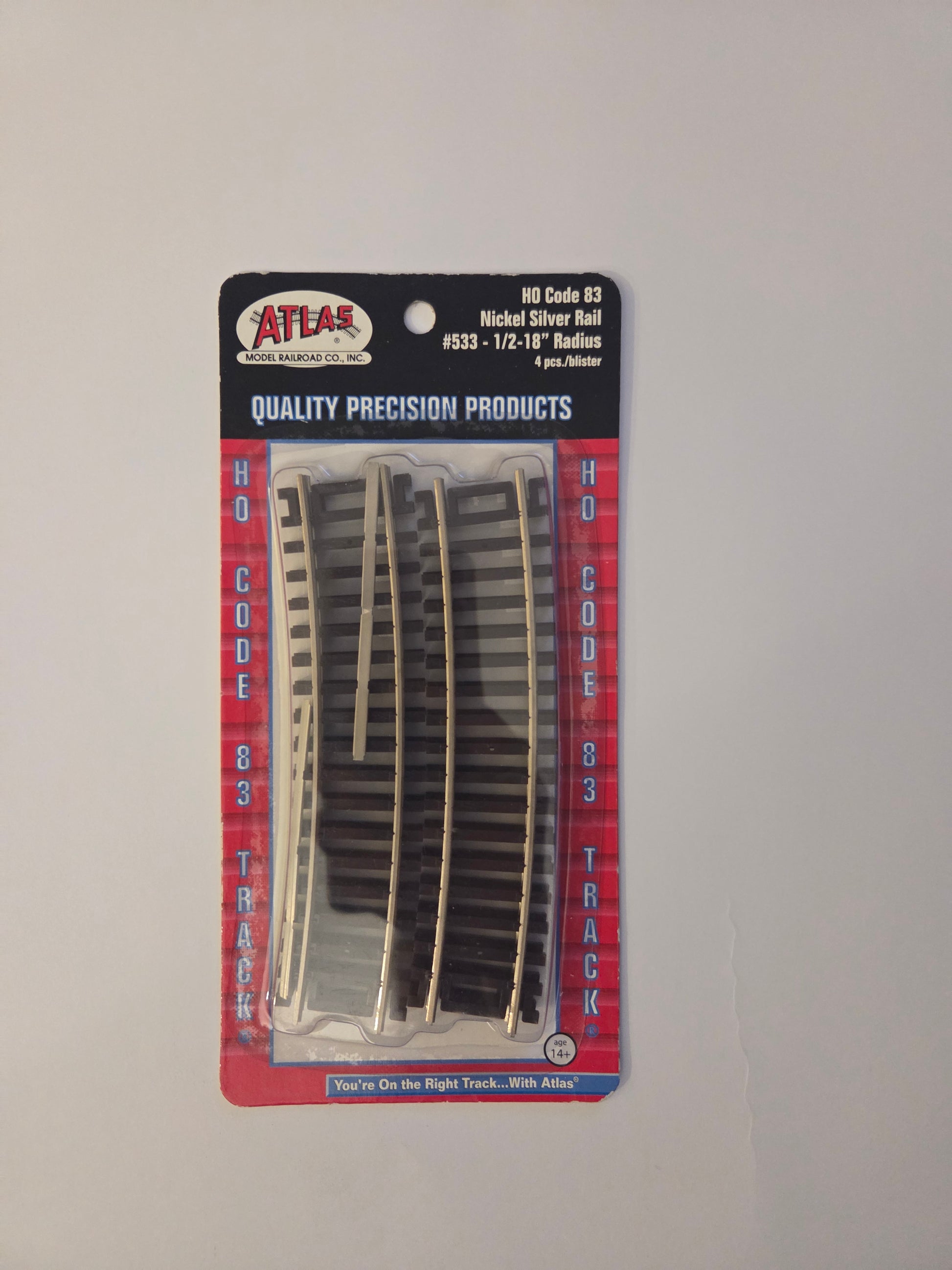 Atlas HO Scale Track Code 83, Nickel Silver Rail 1/2 Section 18" Radius (4 pack)
