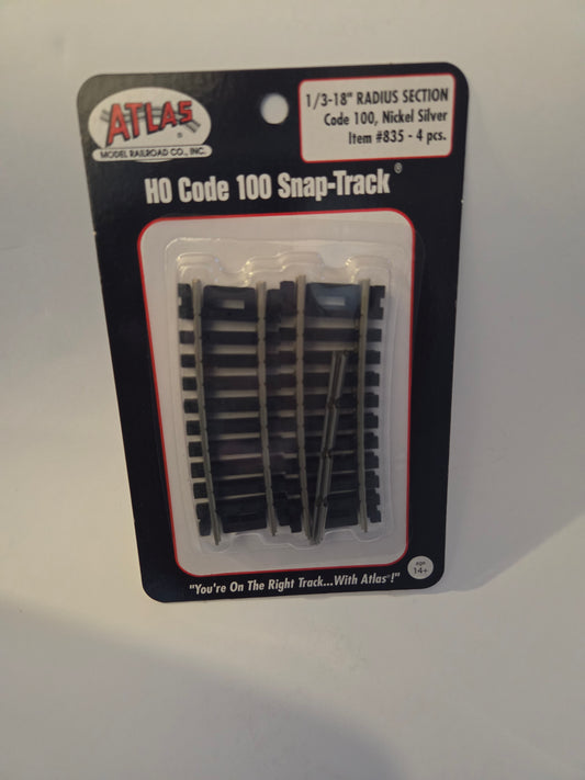 HO scale model railroad track - Atlas HO 835 Track Code 100 Curved Snap-Track(R) Nickel-Silver Rail 1/3 Section 18" Radius (4 pack)