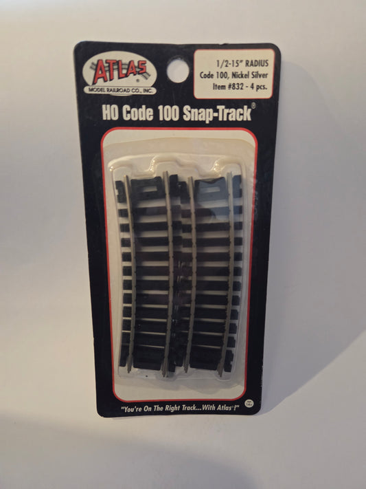 HO scale model railroad track - Atlas HO 832 Track Code 100 Curved Snap-Track(R) Nickel-Silver Rail 1/2 Section 15" Radius